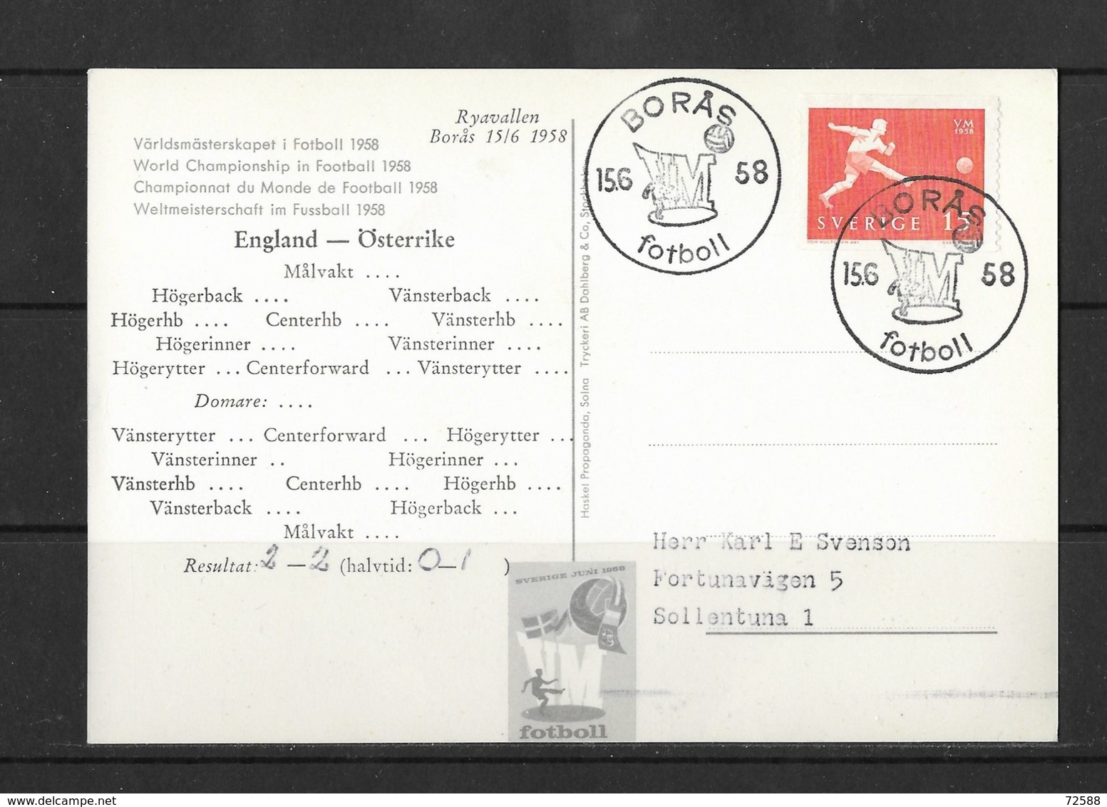 Sweden,postcard, Soccer,football, World Cup- 1958 Boras 15.6.58 - 1958 – Schweden