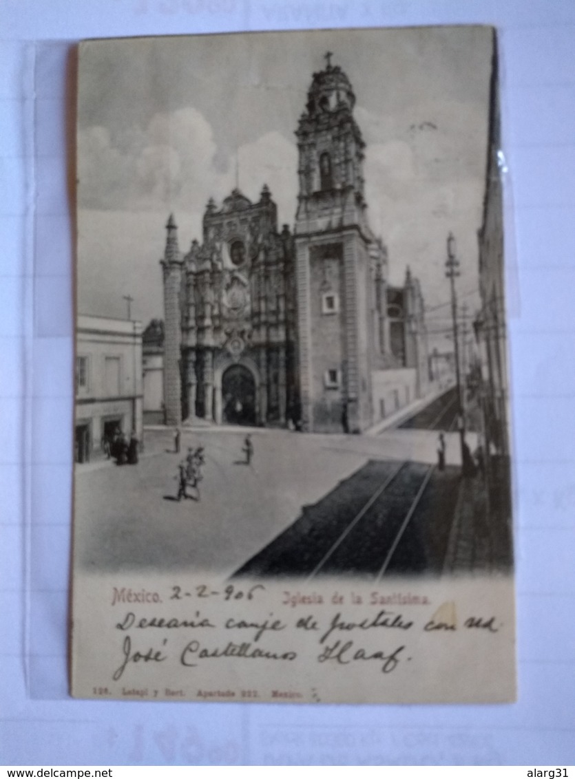 México Iglesia De La Santísima Postcard 1906 Postally Used To Bolivia Church Tramway Lines Animated - Mexico