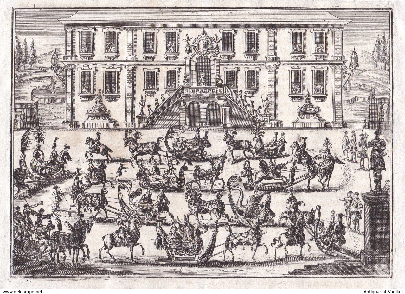 Schlitten Carriage Horses Schlittenpferde Palast Palast Reiter Rider Kupferstich Copper Engraving Antique Prin - Stiche & Gravuren