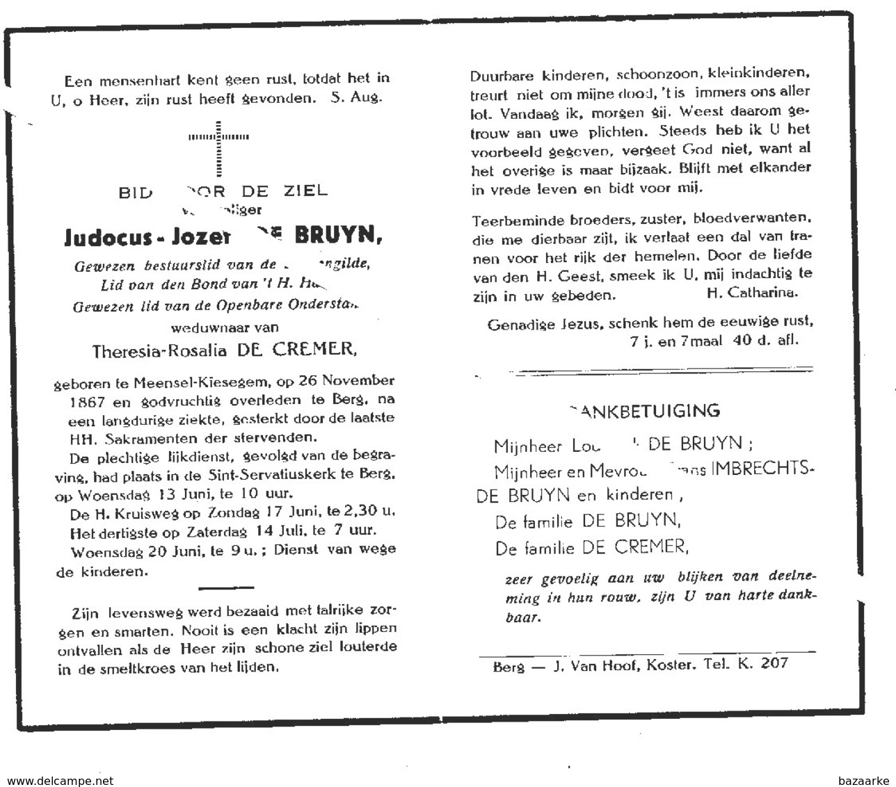 JUDOCUS JOZEF DE BRUYN ° MEENSEL-KIEZEGEM 1867 + BERG / THERESIA DE CREMER - Devotion Images