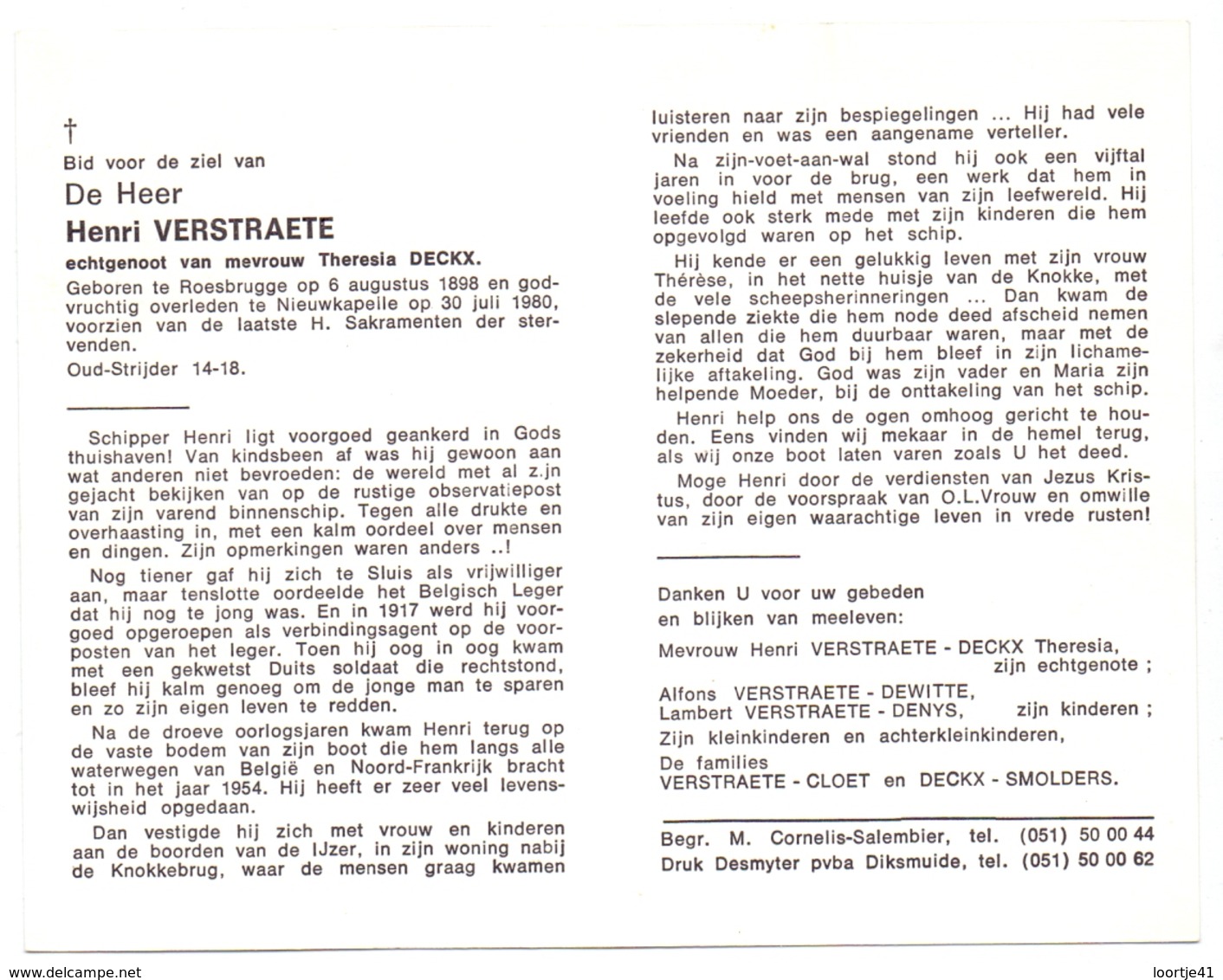 Devotie - Doodsprentje Overlijden - Oudstrijder Henri Verstraete - Roesbrugge 1898 - Nieuwkapelle 1980 - Obituary Notices