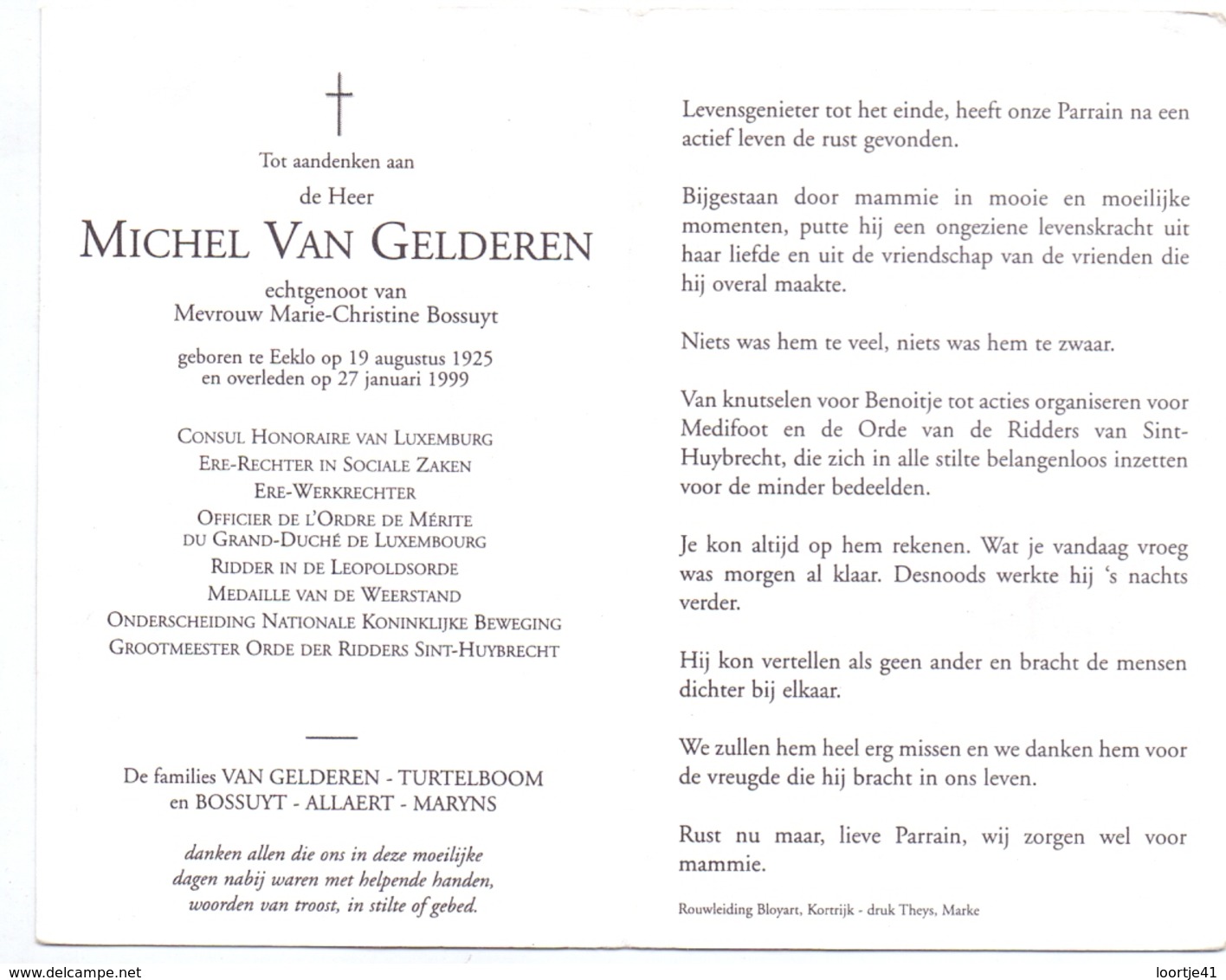 Devotie - Doodsprentje Overlijden - Ere Rechter - Consul Michel Van Gelderen - Eeklo 1925 - 1999 - Overlijden