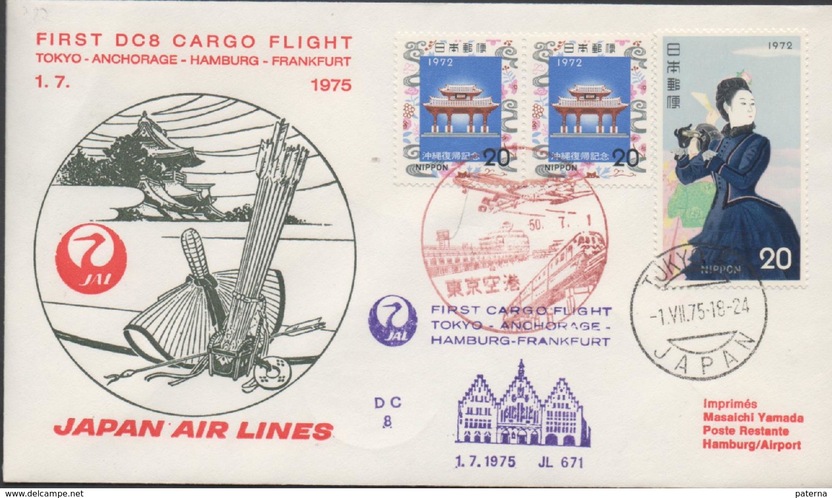 3367  Carta Tokyo, 1975 ,Japan Air Lines ,Tokyo-Anchorage-Hamburg-Frankfurt, 1º Vuelo , - Lettres & Documents