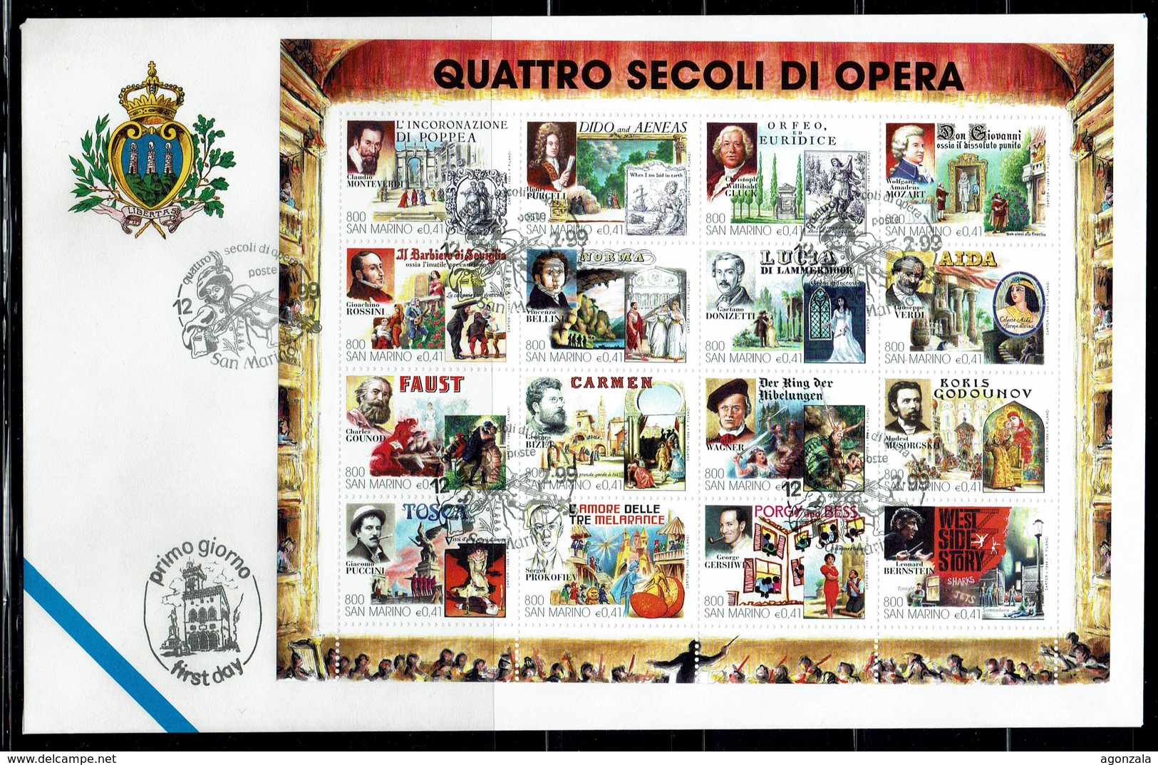 FDC SAN MARINO 1999 QUATTRO SECOLI DI OPERA - QUATRE SIECLES D'OPERA FACIAL 6,56€ - Música