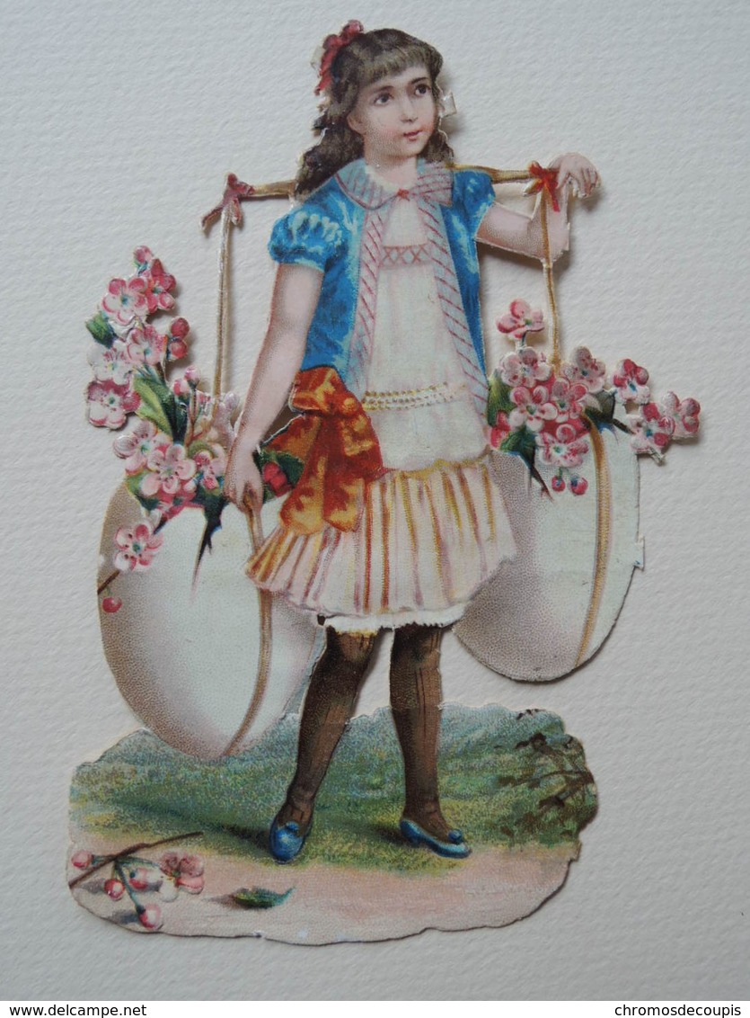 Chromo Découpi Ancien.Chocolat POULAIN. Fille Avec Oeufs De Pâques Et Fleurs.    13 X 9 Cm - Autres & Non Classés