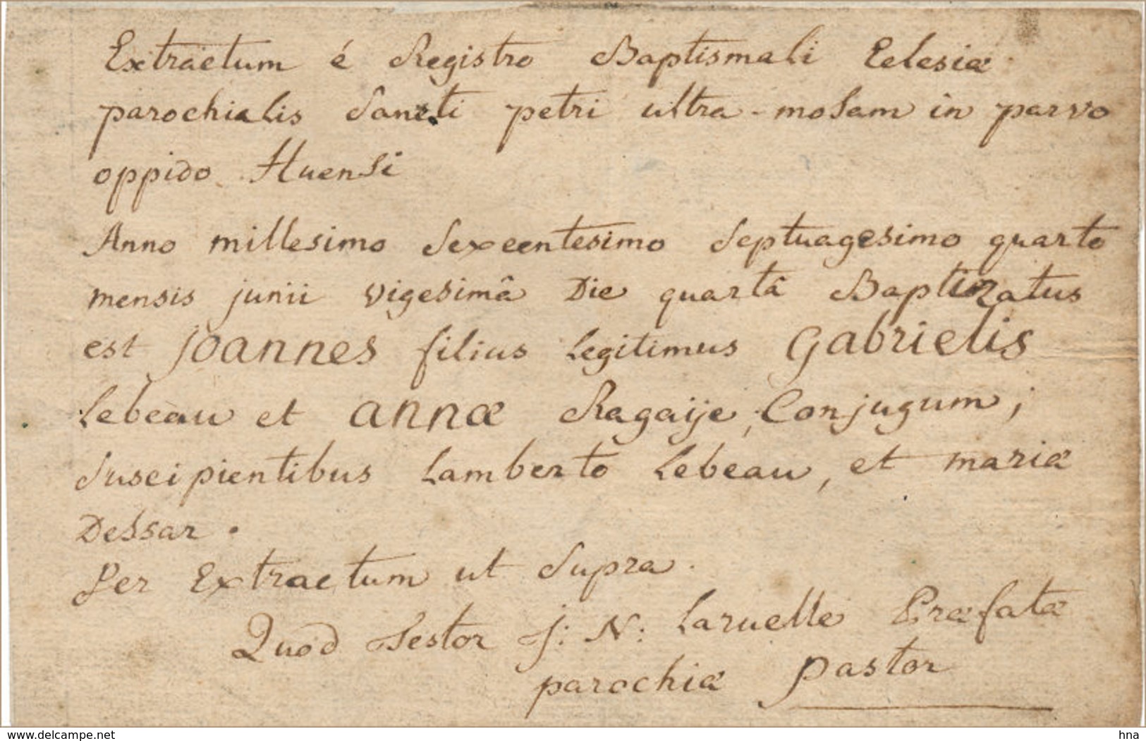 Acte De Baptême Lebeau à Liège, 1674 - Manuscrits