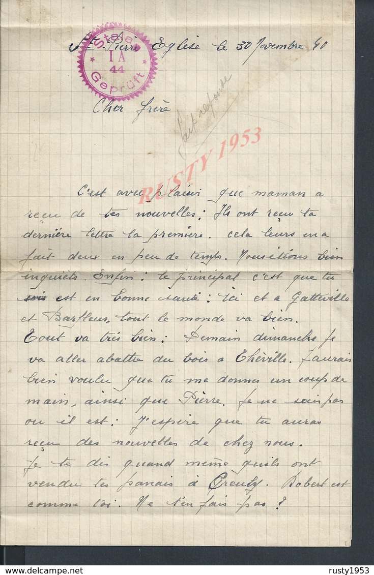 MILITARIA LETTRE D UN MILITAIRE AVEC TAMPON STALA ? ECRITE DE SAINT PIERRE ÉGLISE 1940 PARLE DE GATTEVILLE & BARFLEUR : - Documents