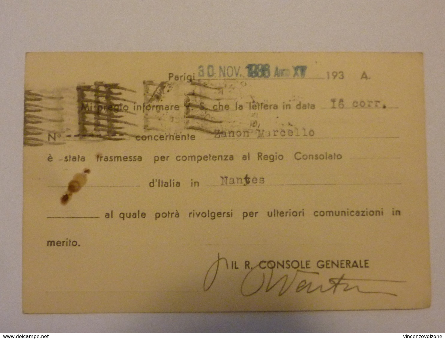 Cartolina Postale Viaggiata "R. CONSOLATO D'ITALIA PARIGI - MUNICIPIO DI MONGADELLA ( VI )" Firma Console 1936 - Marcofilía