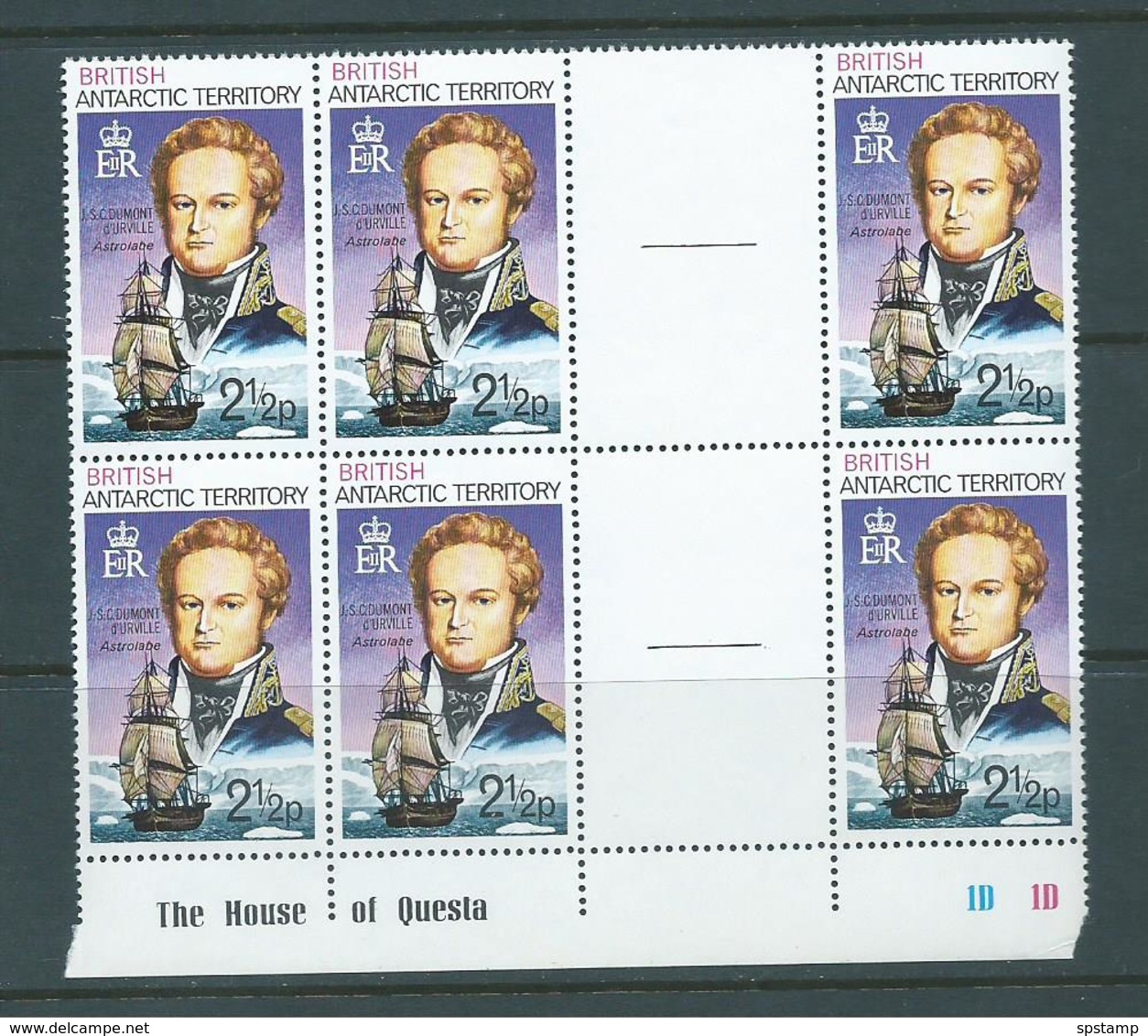 British Antarctic Territory 1975 Polar Explorers & Ship Definitive 2&1/2p D'Urville Imprint Gutter Block Of 6 MNH - Unused Stamps