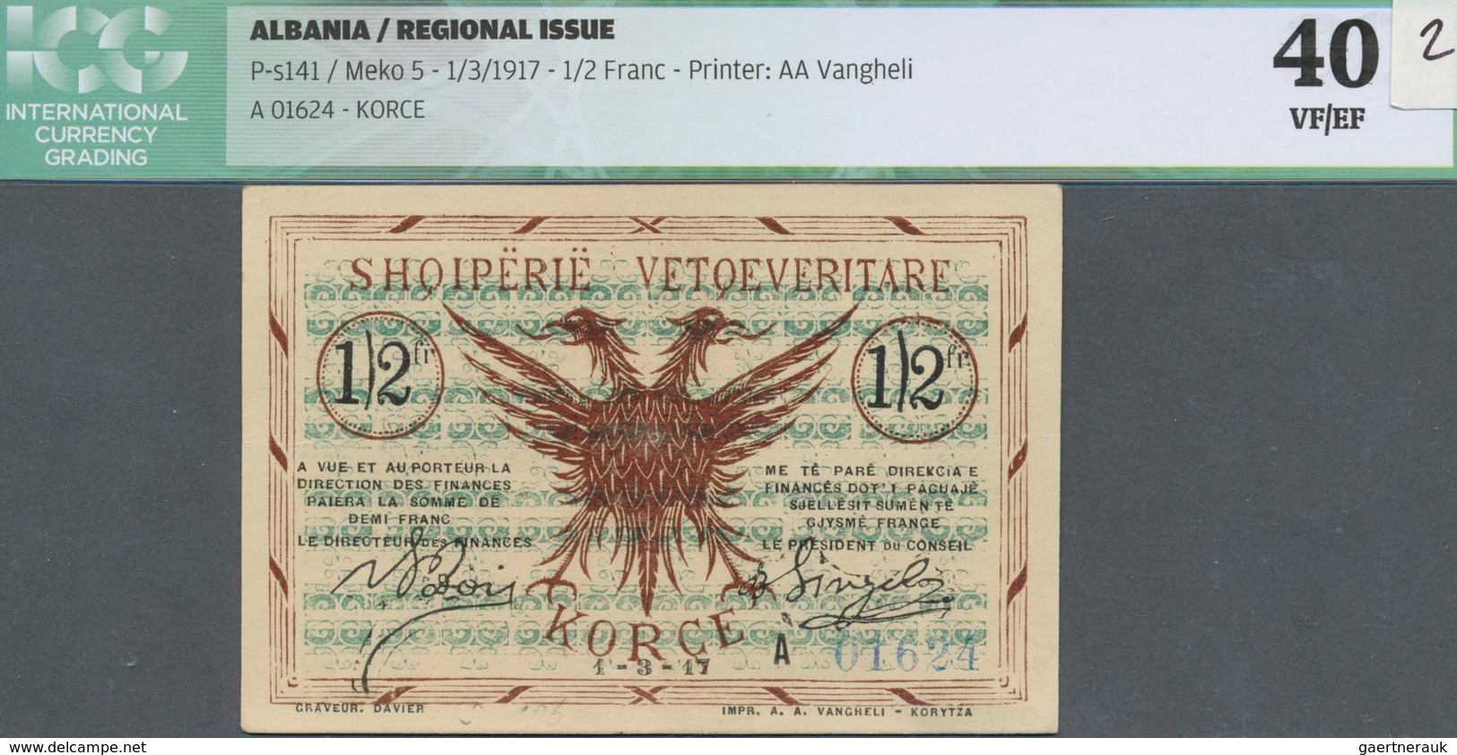 Albania / Albanien: 1/2 Franc 01.03.1917 P. S141, Printer AA Vangheli, S/N #A01624 With Center Fold, - Albania