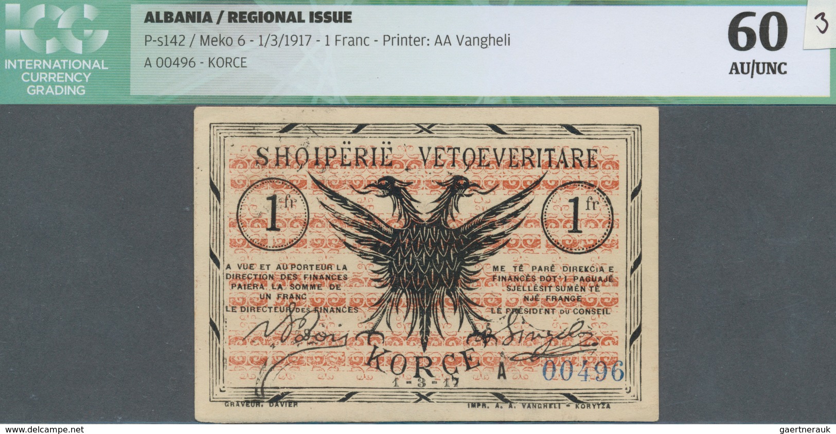 Albania / Albanien: 1 Franc 1917 P. S142, Printer AA Vangheli, S/N #A00496, Unfolded, Light Handling - Albania