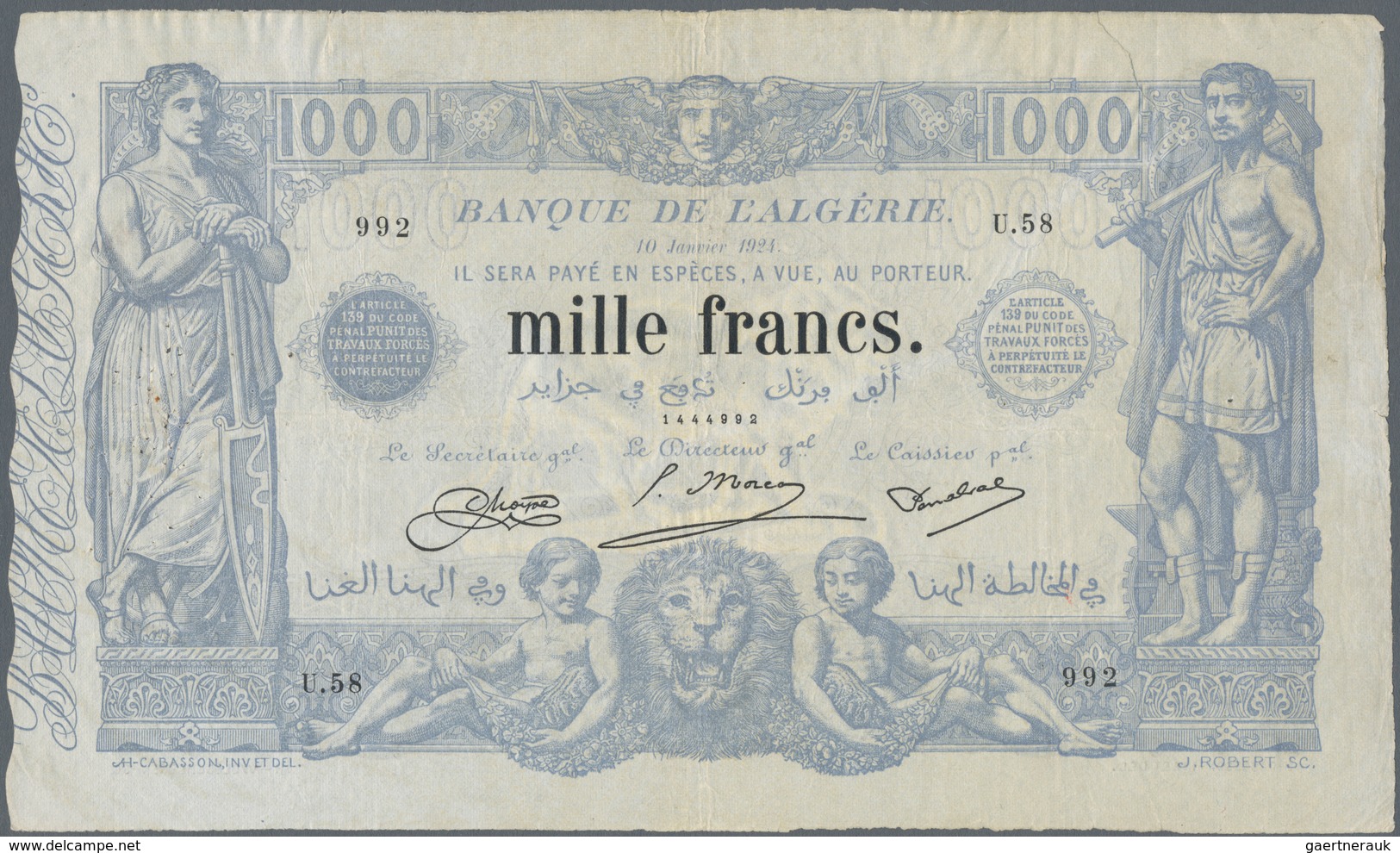 Algeria / Algerien: 1000 Francs 1924 P. 76b, Used With Folds And Creases, Several Pinholes, Still St - Algerien
