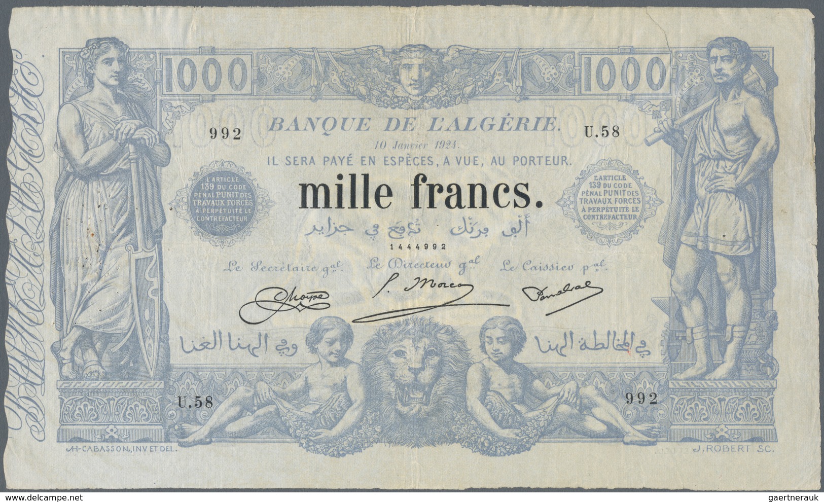 Algeria / Algerien: 1000 Francs 1924 P. 76b, Used With Folds And Creases, Several Pinholes, Still St - Algérie