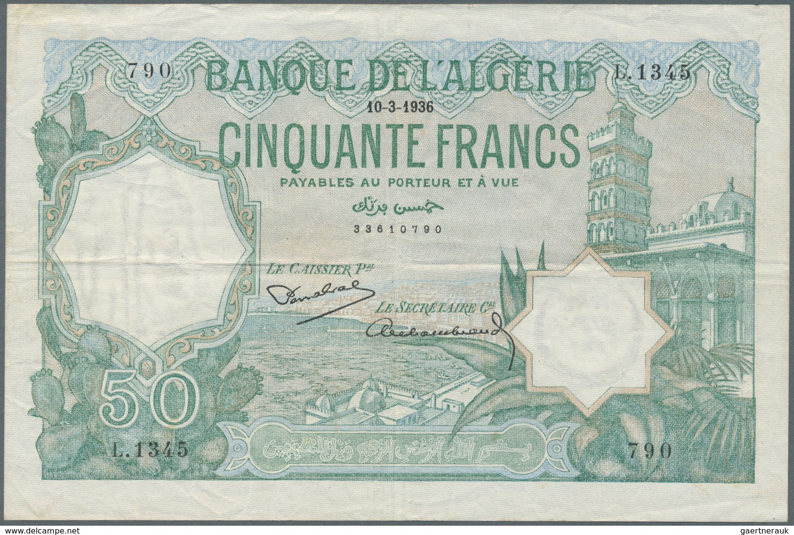 Algeria / Algerien: Banque De L'Algerie 50 Francs 1936, P.80, Very Nice Condition With Strong Paper - Algeria