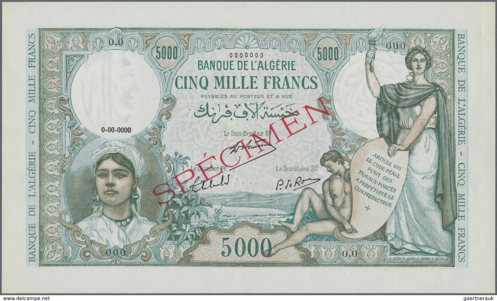 Algeria / Algerien: Highly Rare Color Trial Specimen Of 5000 Francs ND(1942) P. 90cts In Green Color - Algeria