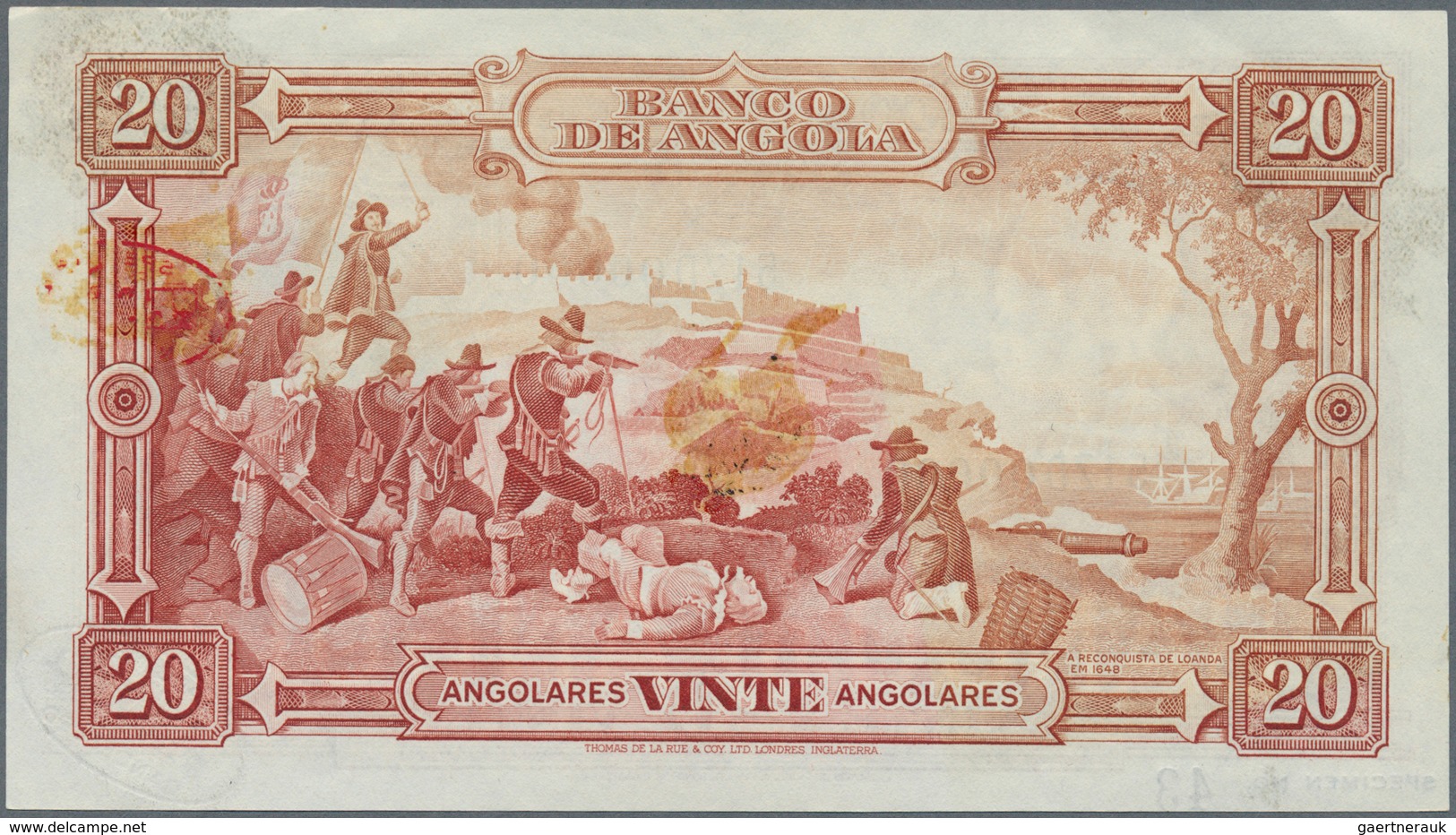 Angola: Banco De Angola 20 Angolares 1944 SPECIMEN, P.79s, Oval Stamp "Specimen-Cancelled - De La Ru - Angola