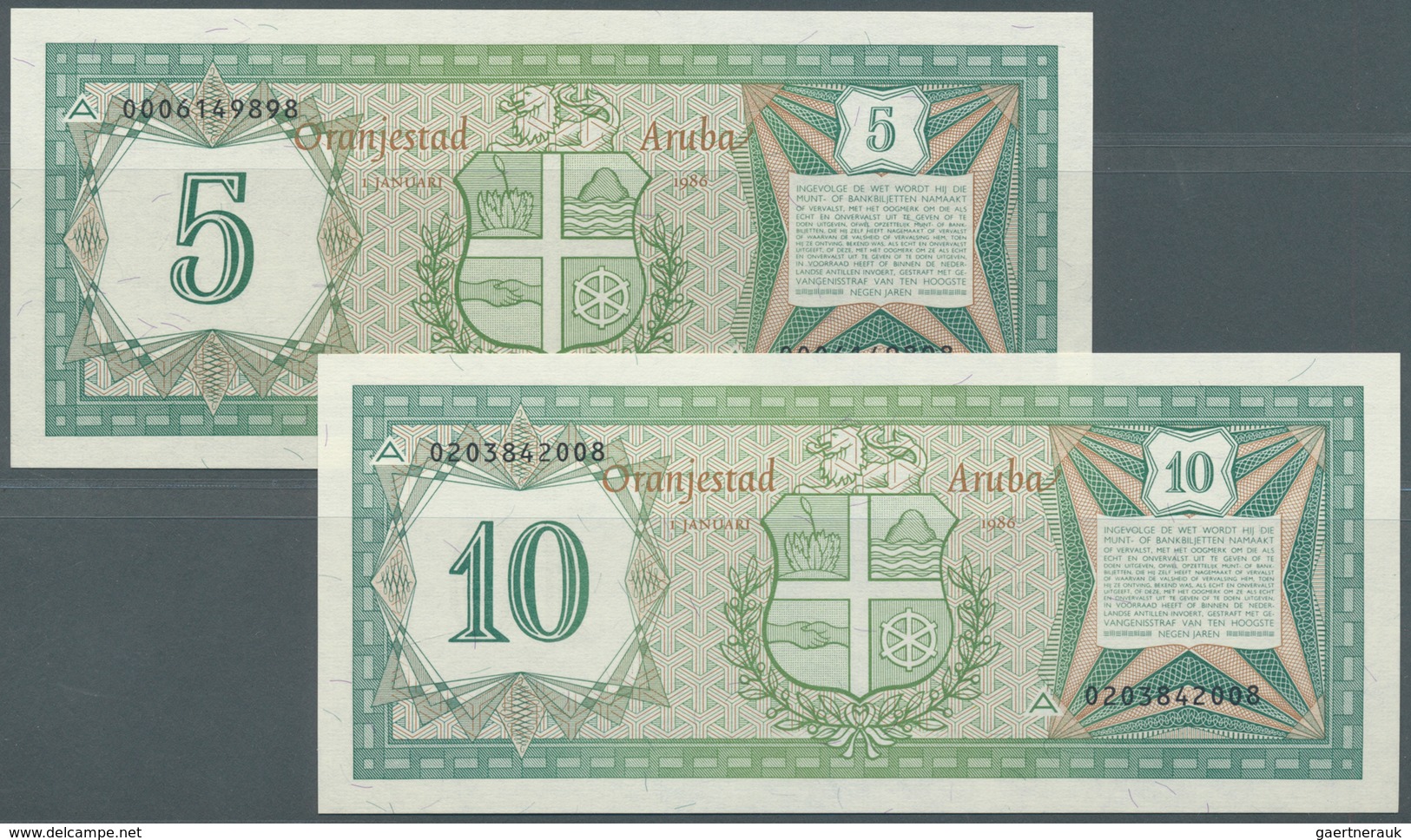 Aruba: Set Of 2 Notes Containing 5 & 10 Florin 1986 P. 1, 2, Both In Crisp Original Condition: UNC. - Aruba (1986-...)