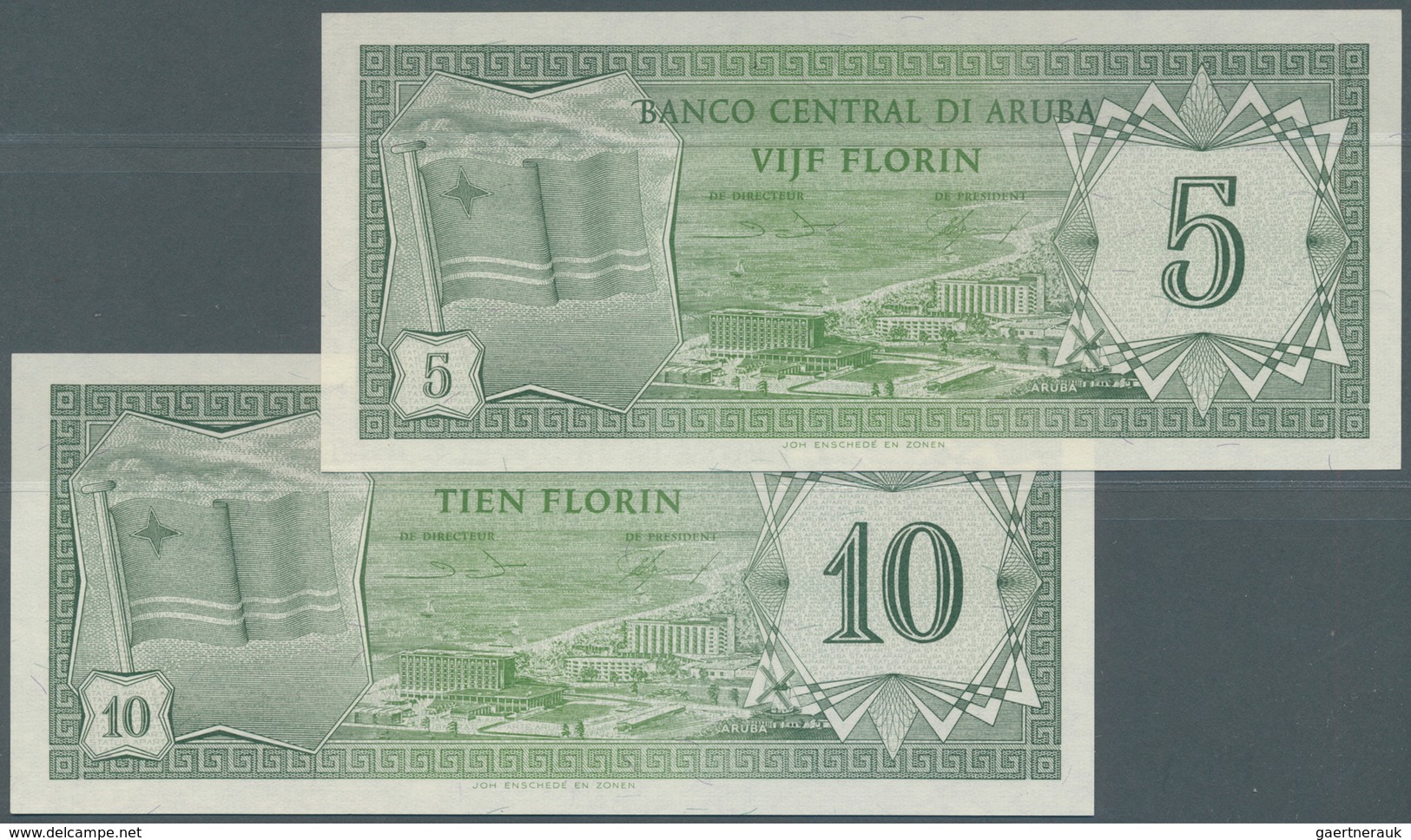 Aruba: Set Of 2 Notes Containing 5 & 10 Florin 1986 P. 1, 2, Both In Crisp Original Condition: UNC. - Aruba (1986-...)