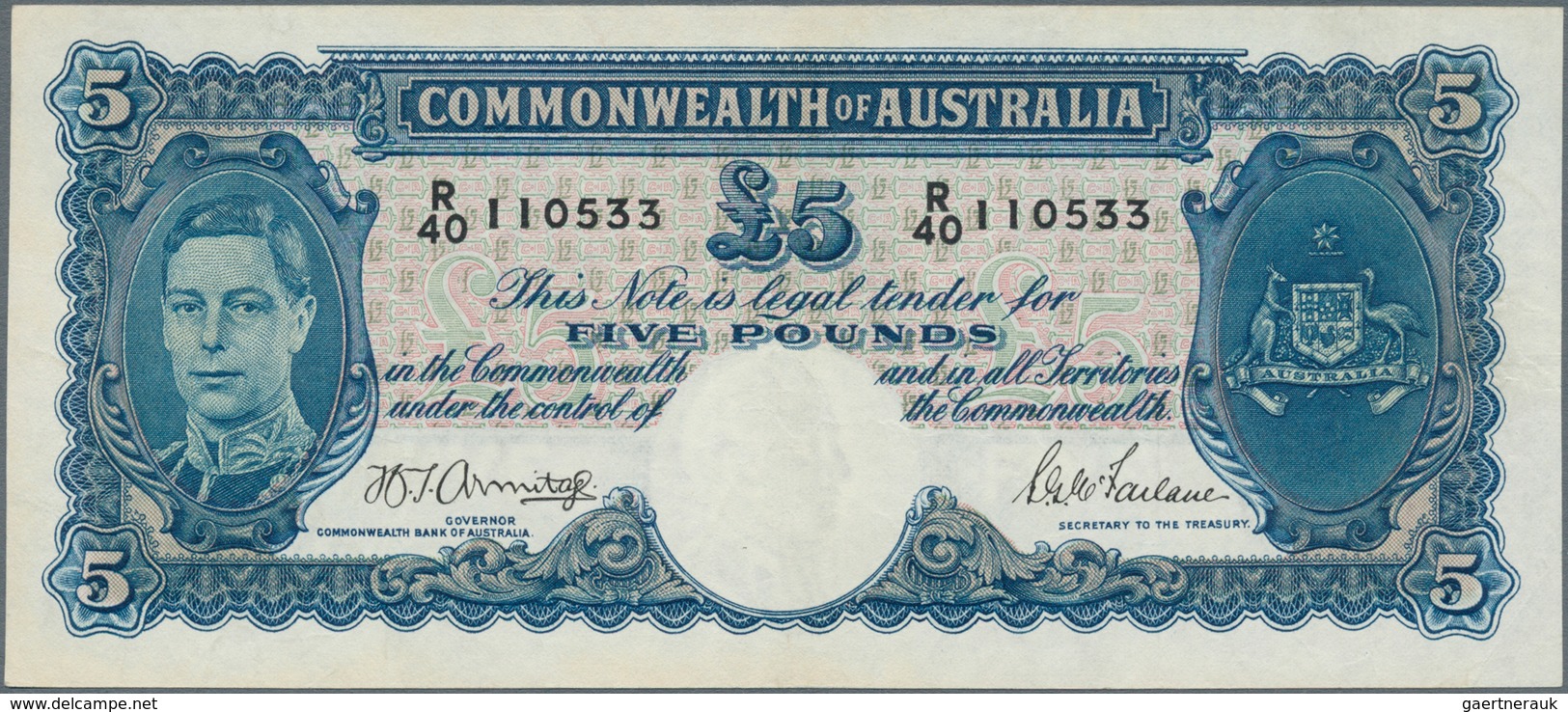 Australia / Australien: 5 Pounds ND Portrait KGIV P. 27b, Strong Paper, Pressed Dry, Light Center Fo - Autres & Non Classés