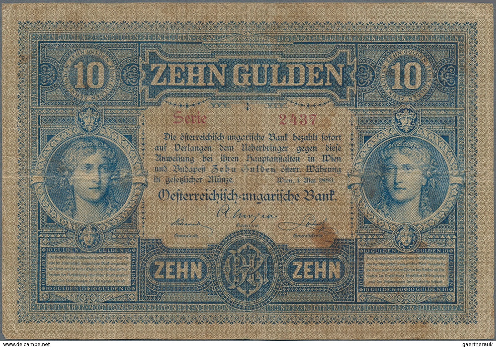 Austria / Österreich: 10 Gulden 1880 P. 1, S/N 031021, Used With Several Folds, Stain In Paper, Tiny - Oesterreich