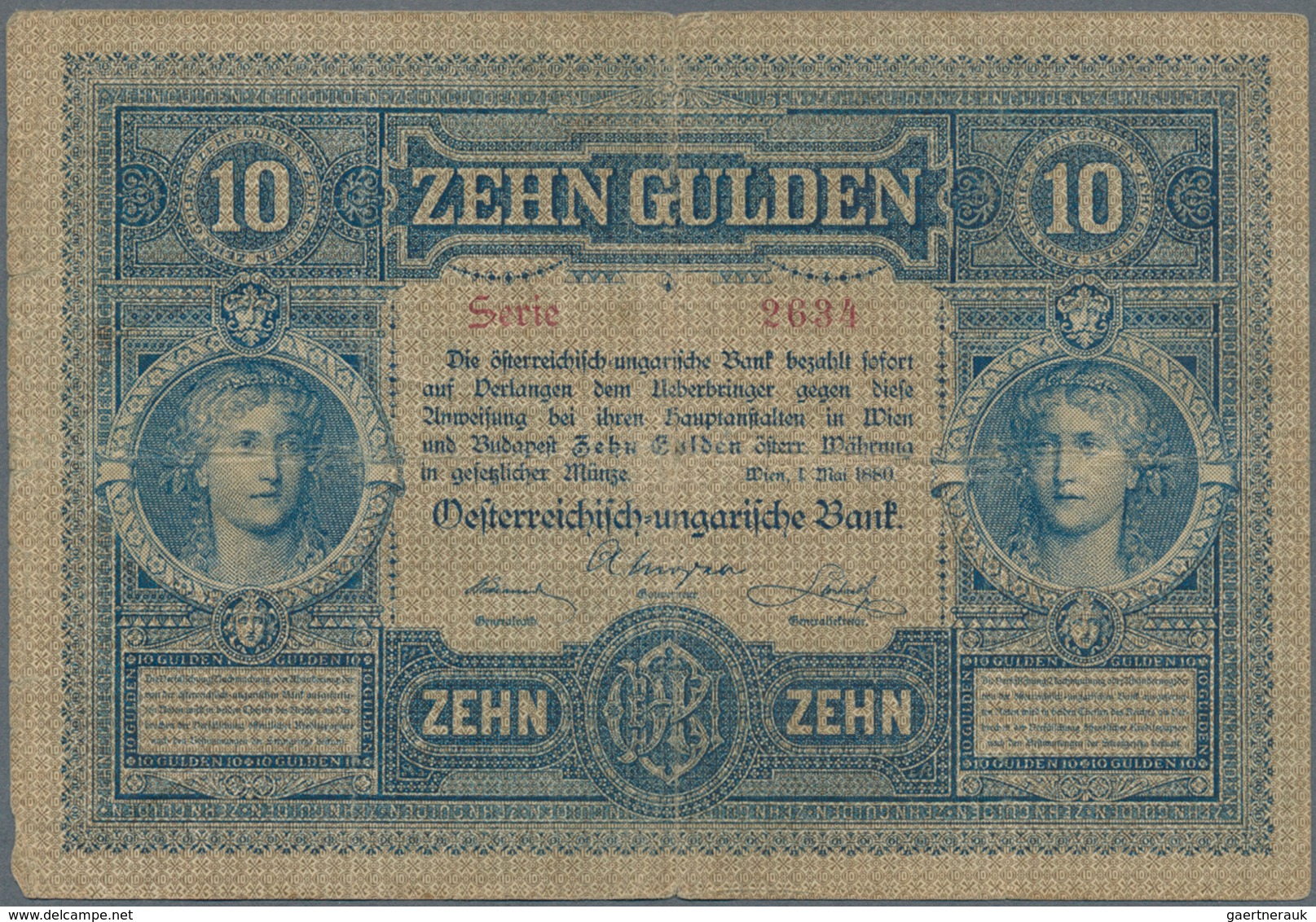 Austria / Österreich: 10 Gulden 1880 P. 1, S/N 029317, Used With Several Folds And Creases, Center H - Austria