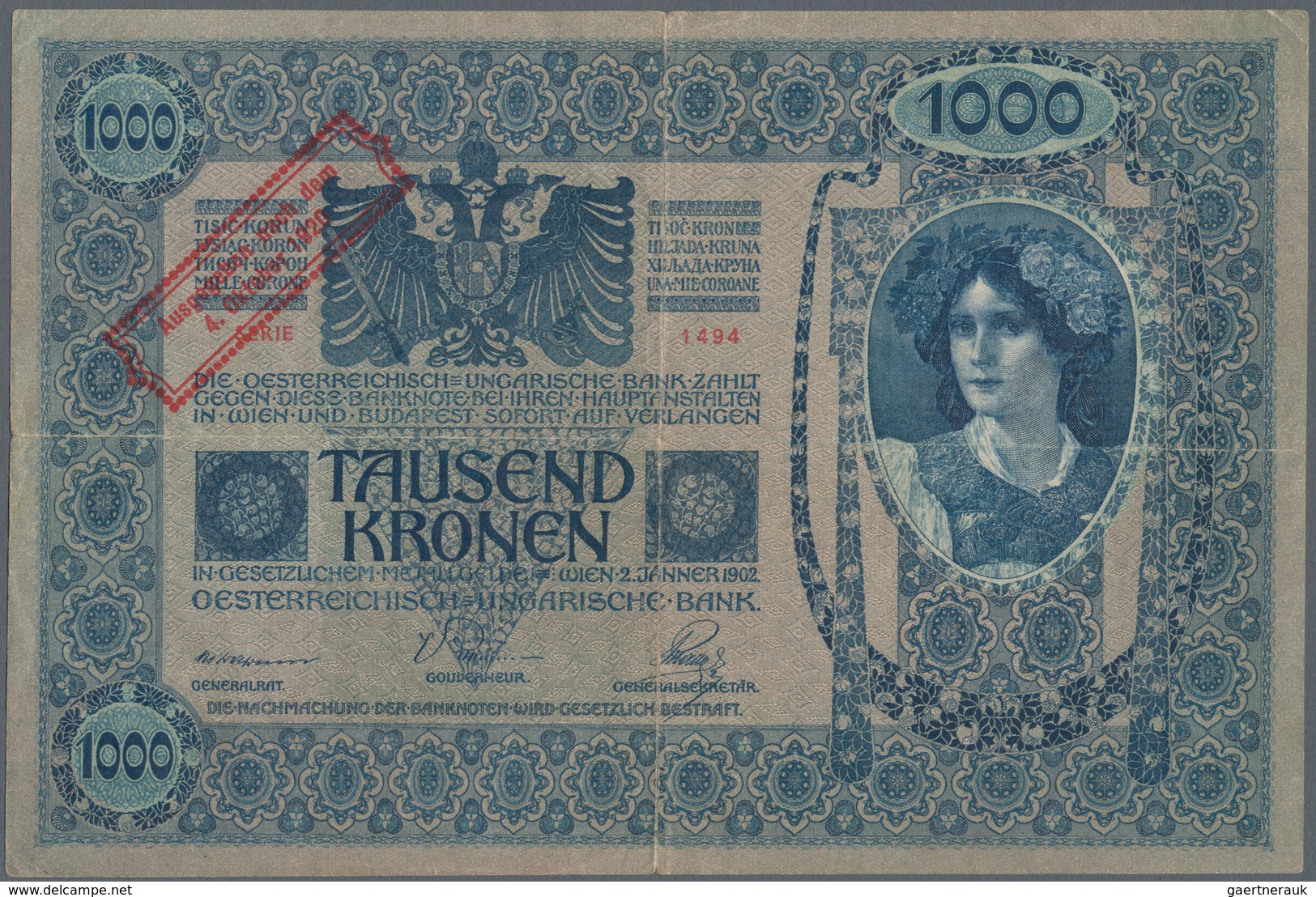 Austria / Österreich: 1000 Kronen 1920 P. 48 Stamped On 1000 Kronen 1902, Center And Horizontal Fold - Oesterreich