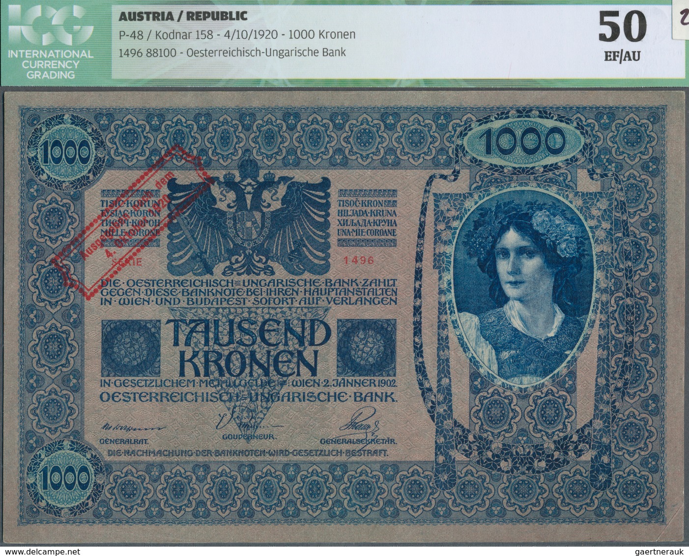 Austria / Österreich: Austria 1000 Kronen 04.10.1920 P. 48, S/N #1496 88100, Austrian-Hungarian Bank - Oesterreich