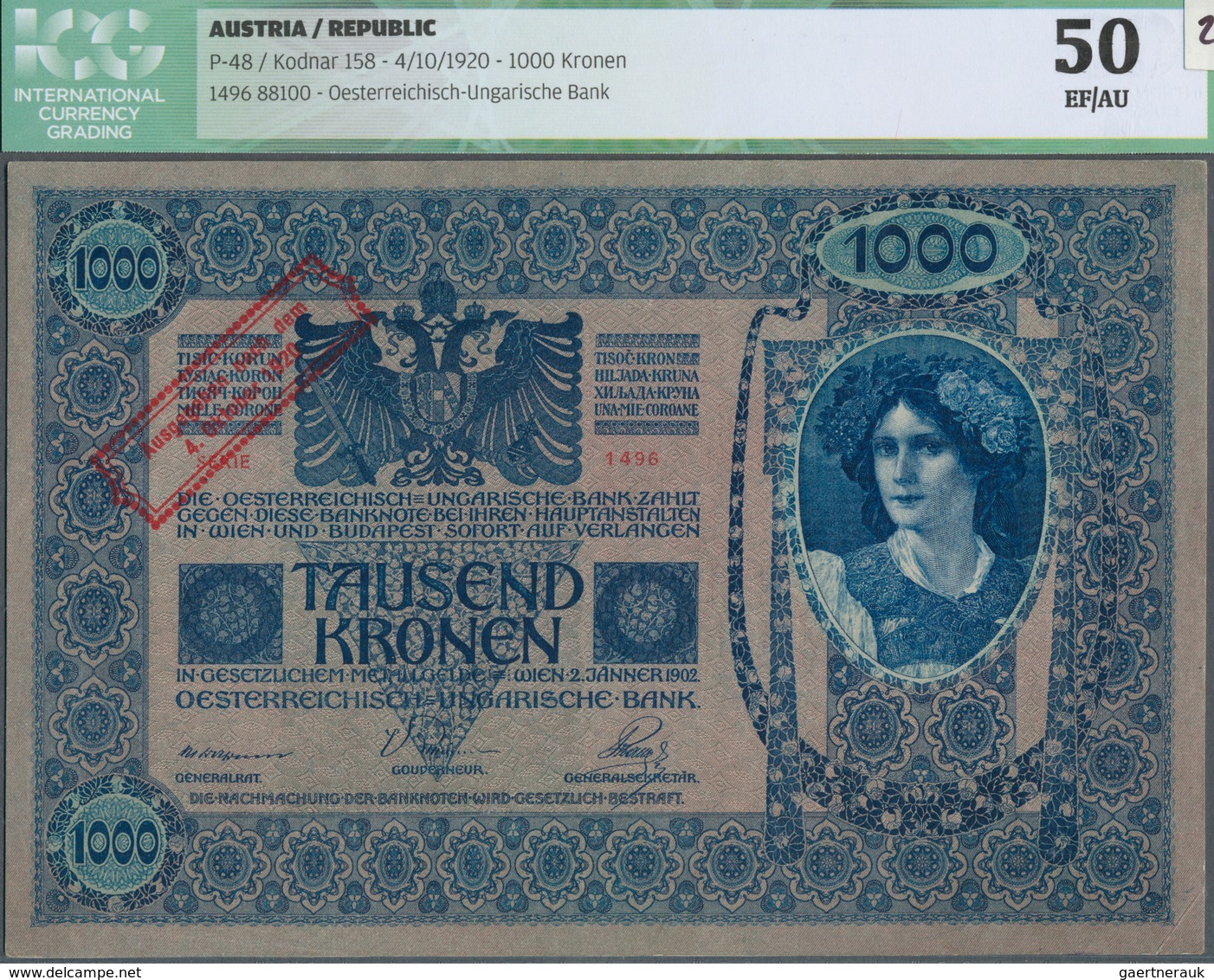 Austria / Österreich: Austria 1000 Kronen 04.10.1920 P. 48, S/N #1496 88100, Austrian-Hungarian Bank - Austria