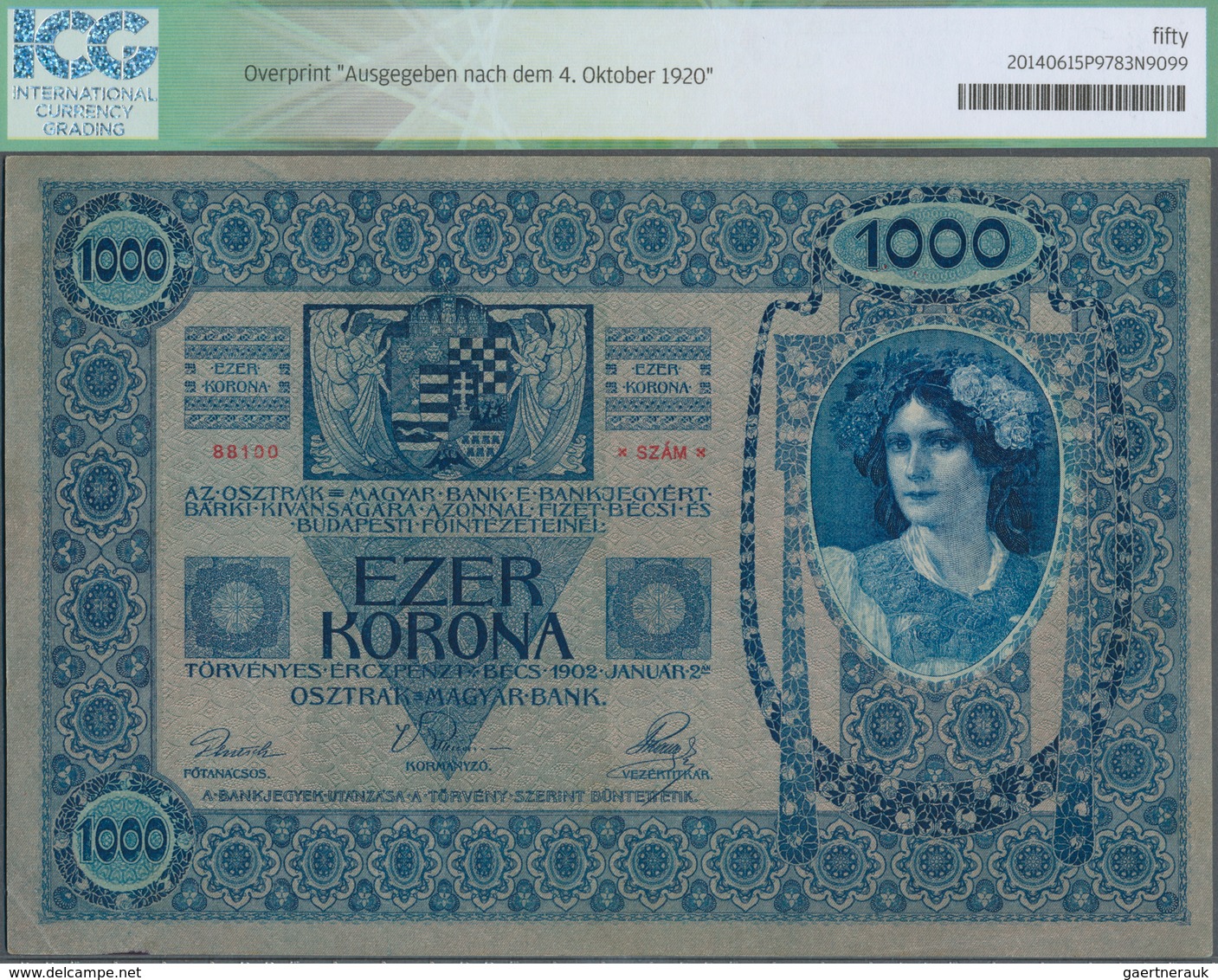 Austria / Österreich: Austria 1000 Kronen 04.10.1920 P. 48, S/N #1496 88100, Austrian-Hungarian Bank - Autriche