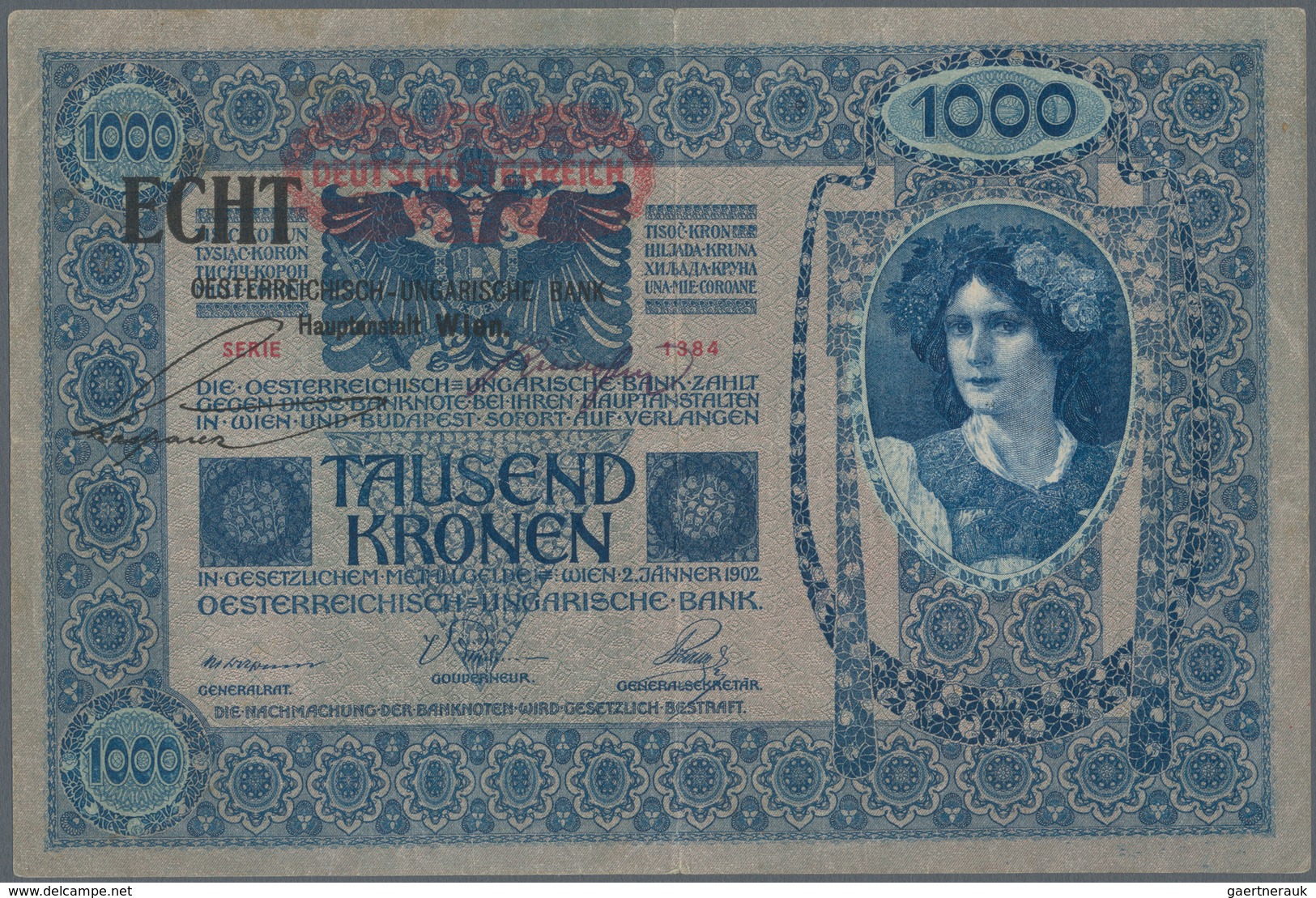 Austria / Österreich: 1000 Kronen 1902 Oesterreichisch-ungarische Bank 02.01.1902 (1919), Revalidati - Oostenrijk