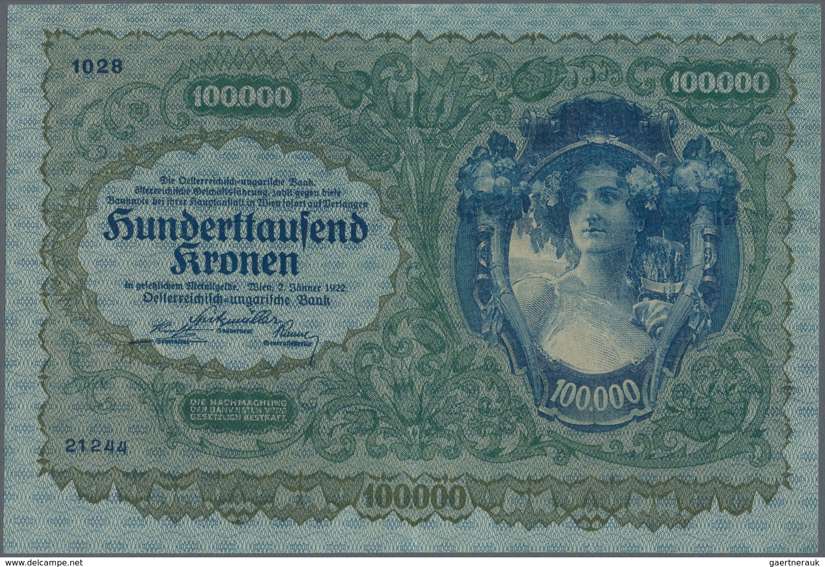 Austria / Österreich: 100.000 Kronen 1922 P. 81, Center Fold, Light Corner Bend, No Holes Or Tears, - Oesterreich