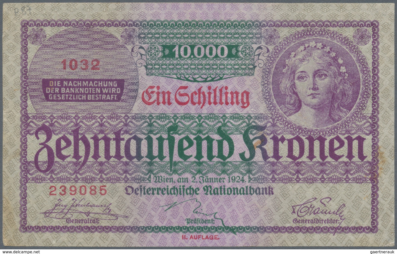 Austria / Österreich: 1 Schilling On 10.000 Kronen 1924 P. 87, Center Fold, Corner Fold, Handling In - Oesterreich