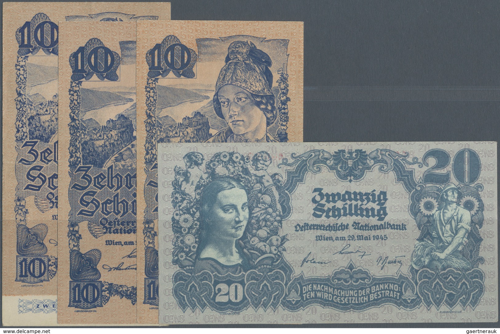 Austria / Österreich: Set Of 4 Notes Containing 10 Schilling (2nd Issue) 1945 (VF) P. 114, 2x 10 Sch - Autriche