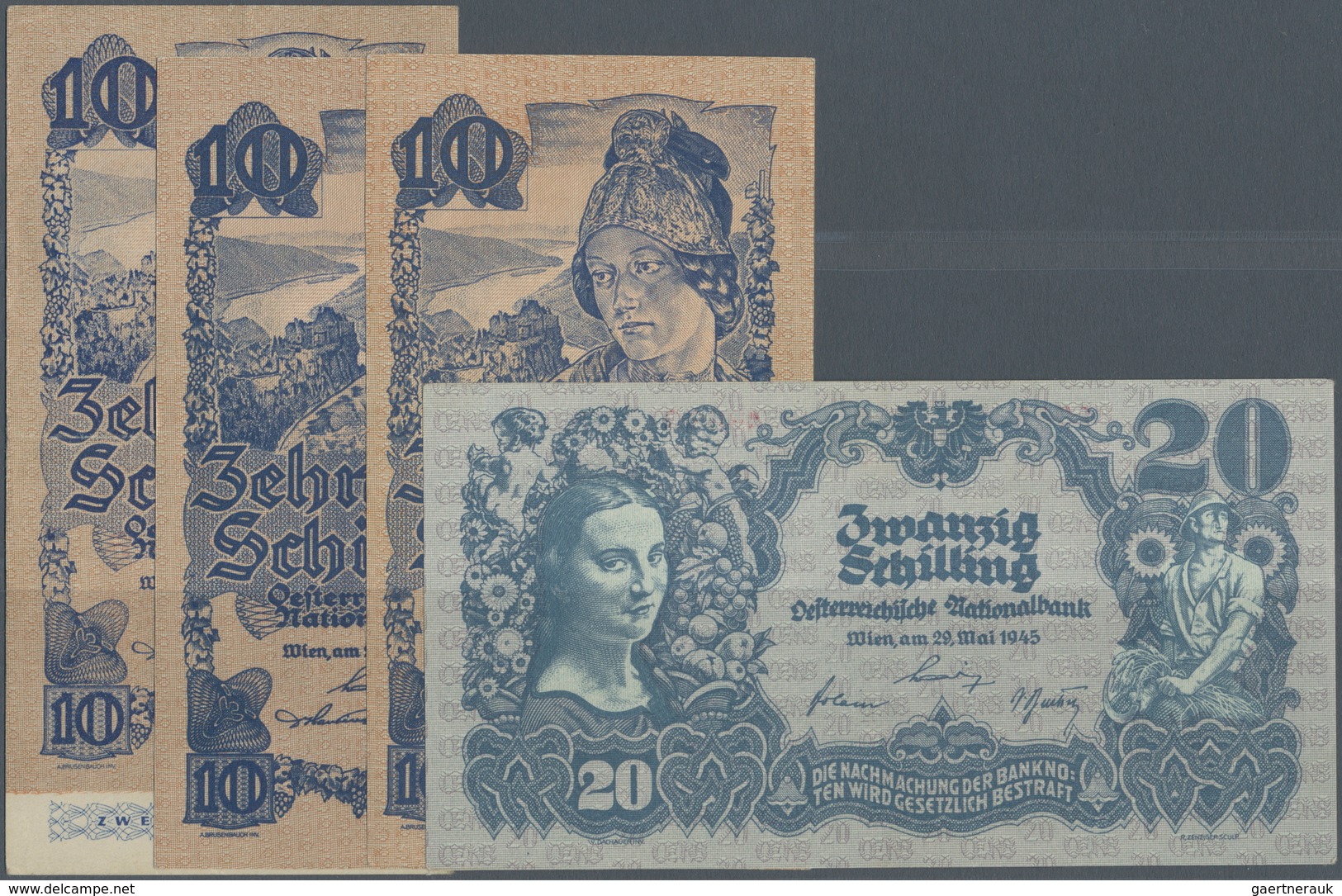 Austria / Österreich: Set Of 4 Notes Containing 10 Schilling (2nd Issue) 1945 (VF) P. 114, 2x 10 Sch - Austria