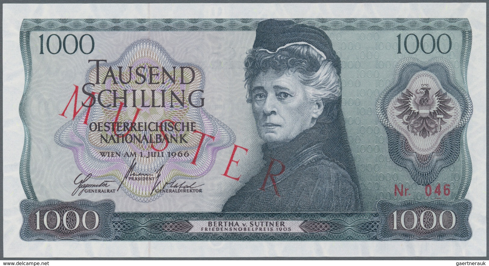 Austria / Österreich: 1000 Schilling 1966 Specimen P. 147s, Portrait "Bertha V. Suttner", With "Must - Austria