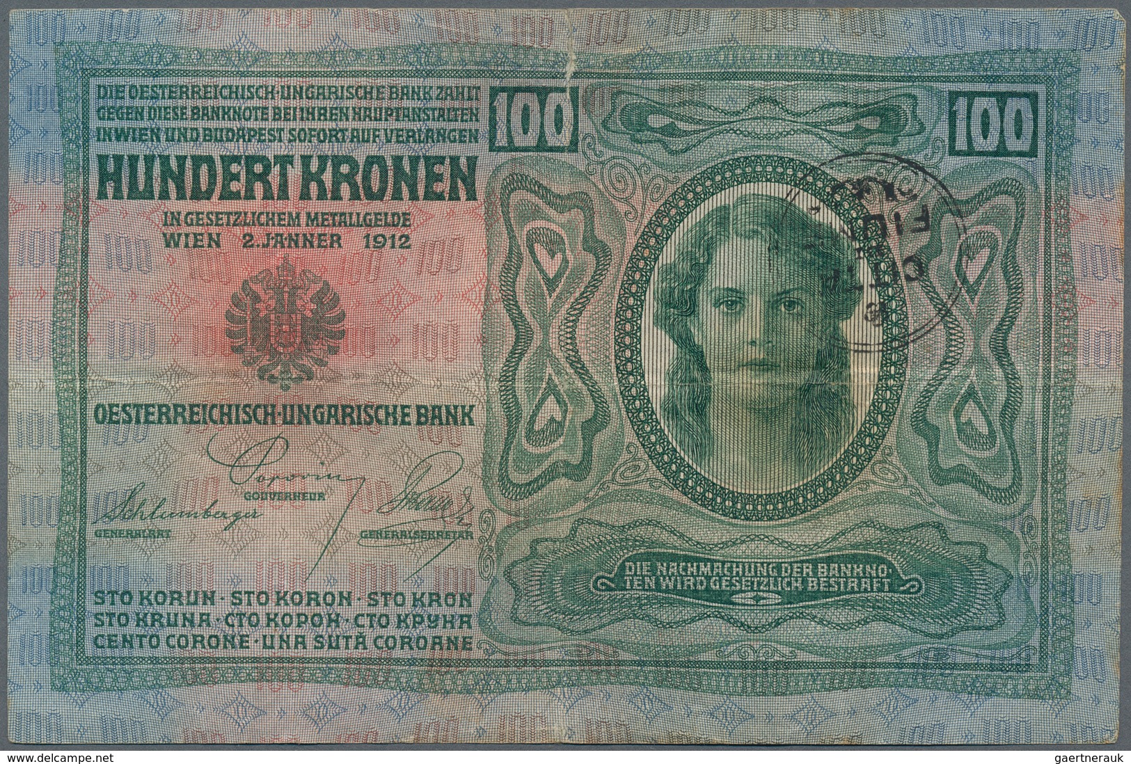 Austria / Österreich: FIUME 100 Korona 1912 P. S102c With Large Stamp Ovpt. At Left, Seldom Seen, Us - Oesterreich