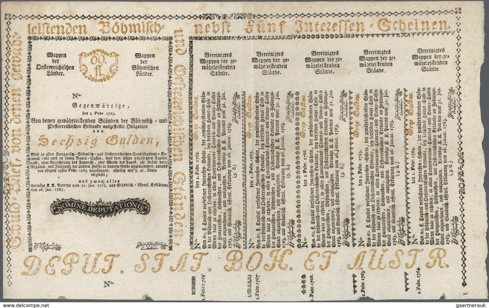 Austria / Österreich: 60 Gulden 1763 Obligation Vienna, PR W8), Complete Sheet In Condition: VF. - Oesterreich