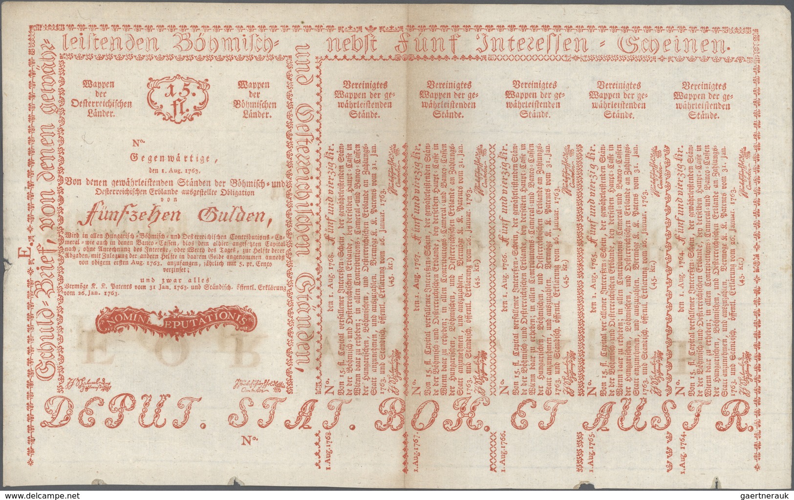 Austria / Österreich: 15 Gulden 1763 Obligation Vienna, PR W10), Complete Sheet In Condition: XF. - Oostenrijk