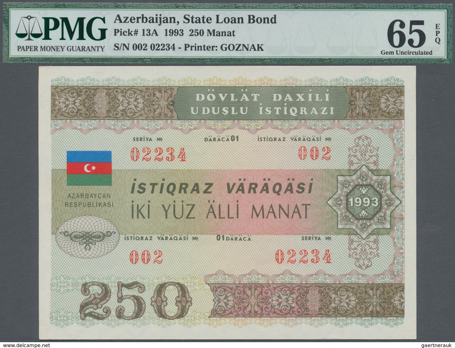 Azerbaijan / Aserbaidschan: 250 Manat State Loan Bond 1993, Printer Goznak, P.13A, PMG Graded 65 Gem - Azerbeidzjan