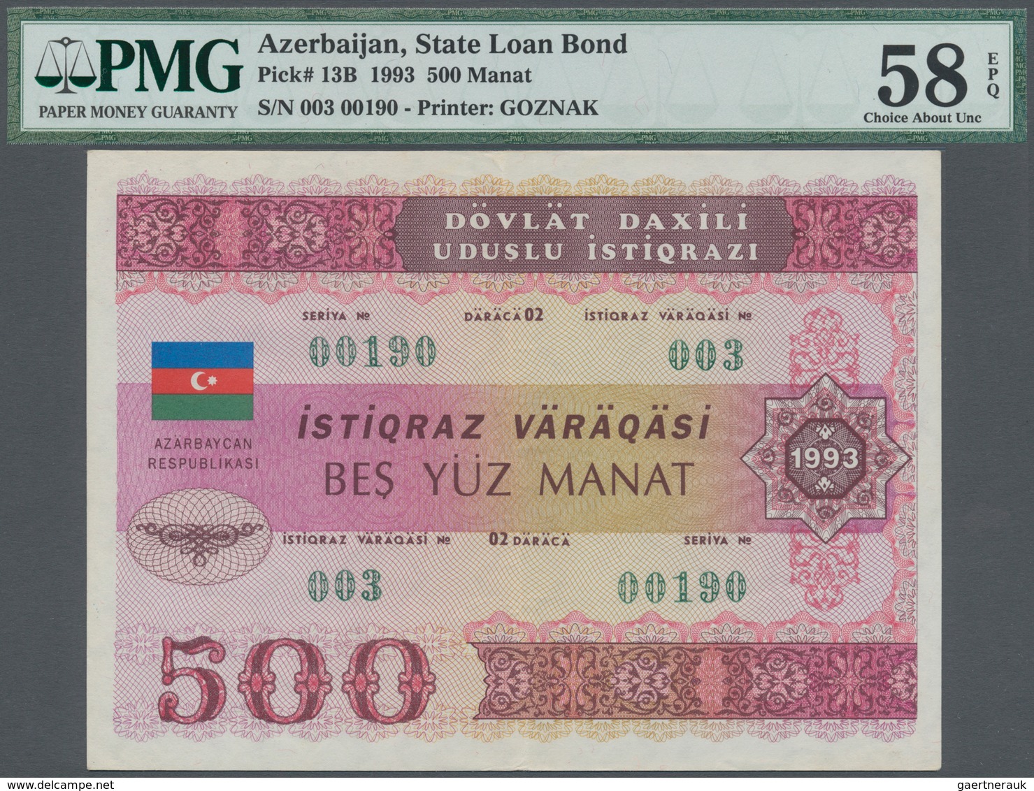 Azerbaijan / Aserbaidschan: 500 Manat State Loan Bond 1993, Printer Goznak, P.13B, PMG Graded 58 Cho - Azerbeidzjan