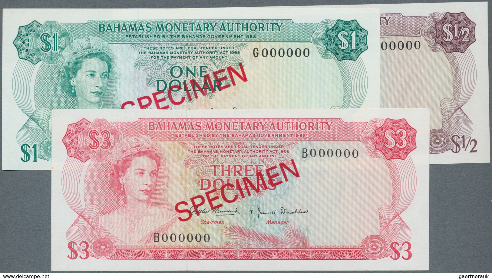 Bahamas: Set Of 3 Specimen Banknotes Containing 1/2, 1 And 3 Dollars 1968, P. 26s-28s, All In Condit - Bahamas