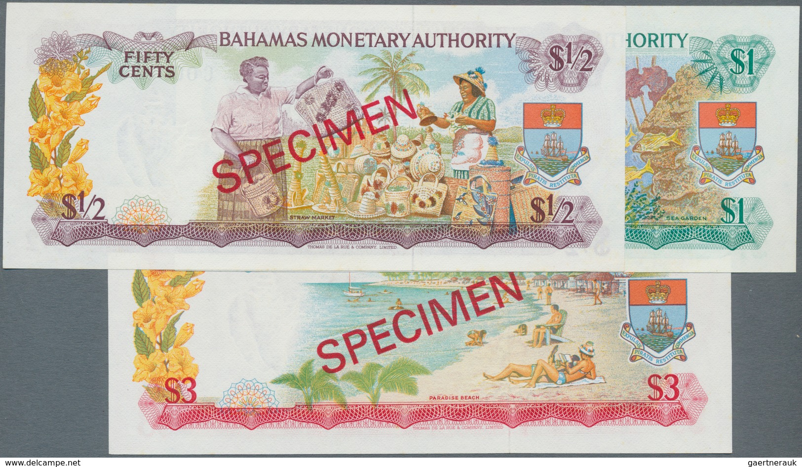 Bahamas: Set Of 3 Specimen Banknotes Containing 1/2, 1 And 3 Dollars 1968, P. 26s-28s, All In Condit - Bahamas