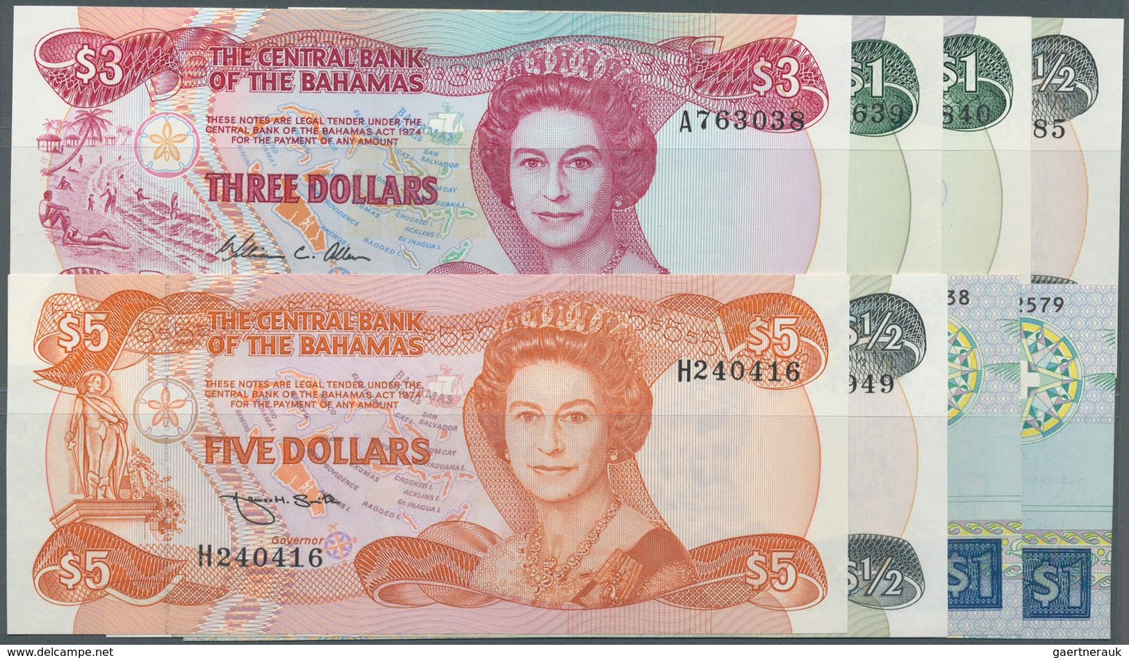 Bahamas: Set Of 8 Notes Containing 2x 50 Cents L.1974 P. 42 (aUNC & UNC), 2x 1 Dollar L. 1974 P. 43 - Bahama's