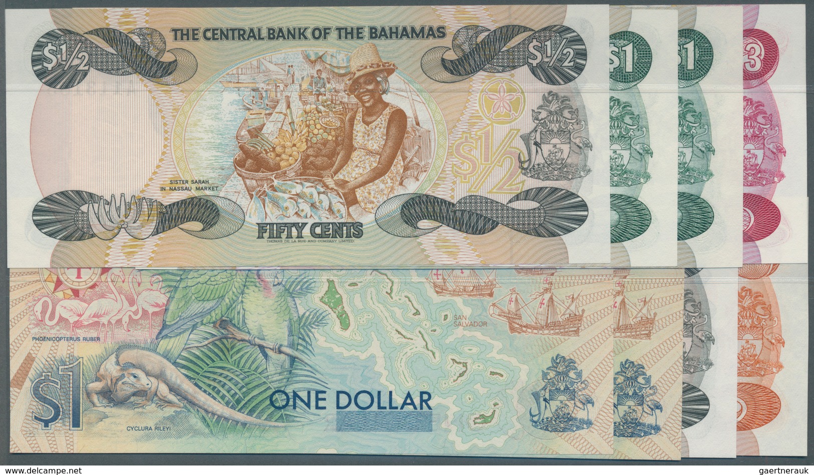 Bahamas: Set Of 8 Notes Containing 2x 50 Cents L.1974 P. 42 (aUNC & UNC), 2x 1 Dollar L. 1974 P. 43 - Bahamas
