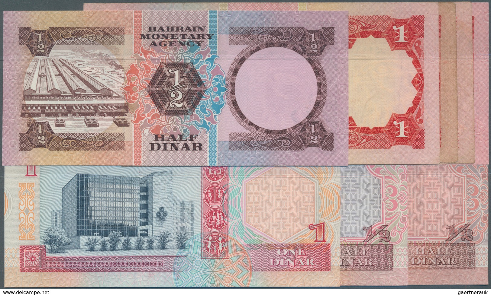 Bahrain: Set Of 8 Banknotes Containing 1/2 Dinar ND P. 7 (aUNC), 1 Dinar ND P. 8 (1x UNC, 1x XF, 2x - Bahrein