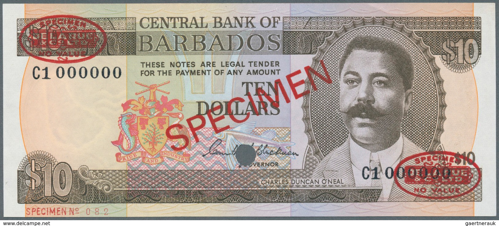 Barbados: 10 Dollars ND (1973) Specimen P. 33s With Red "Specimen" Overprint In Center On Front And - Barbados