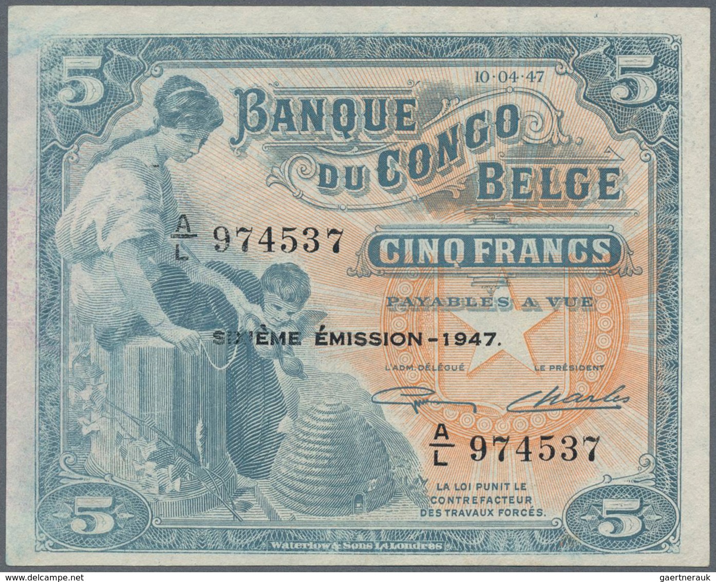 Belgian Congo / Belgisch Kongo: 5 Francs 1947, P.13Ad, Almost Perfect Condition With A Few Spots Of - Sin Clasificación