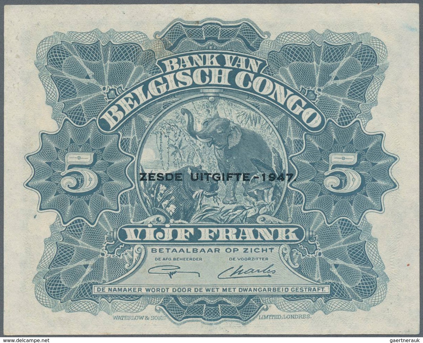 Belgian Congo / Belgisch Kongo: 5 Francs 1947, P.13Ad, Almost Perfect Condition With A Few Spots Of - Ohne Zuordnung