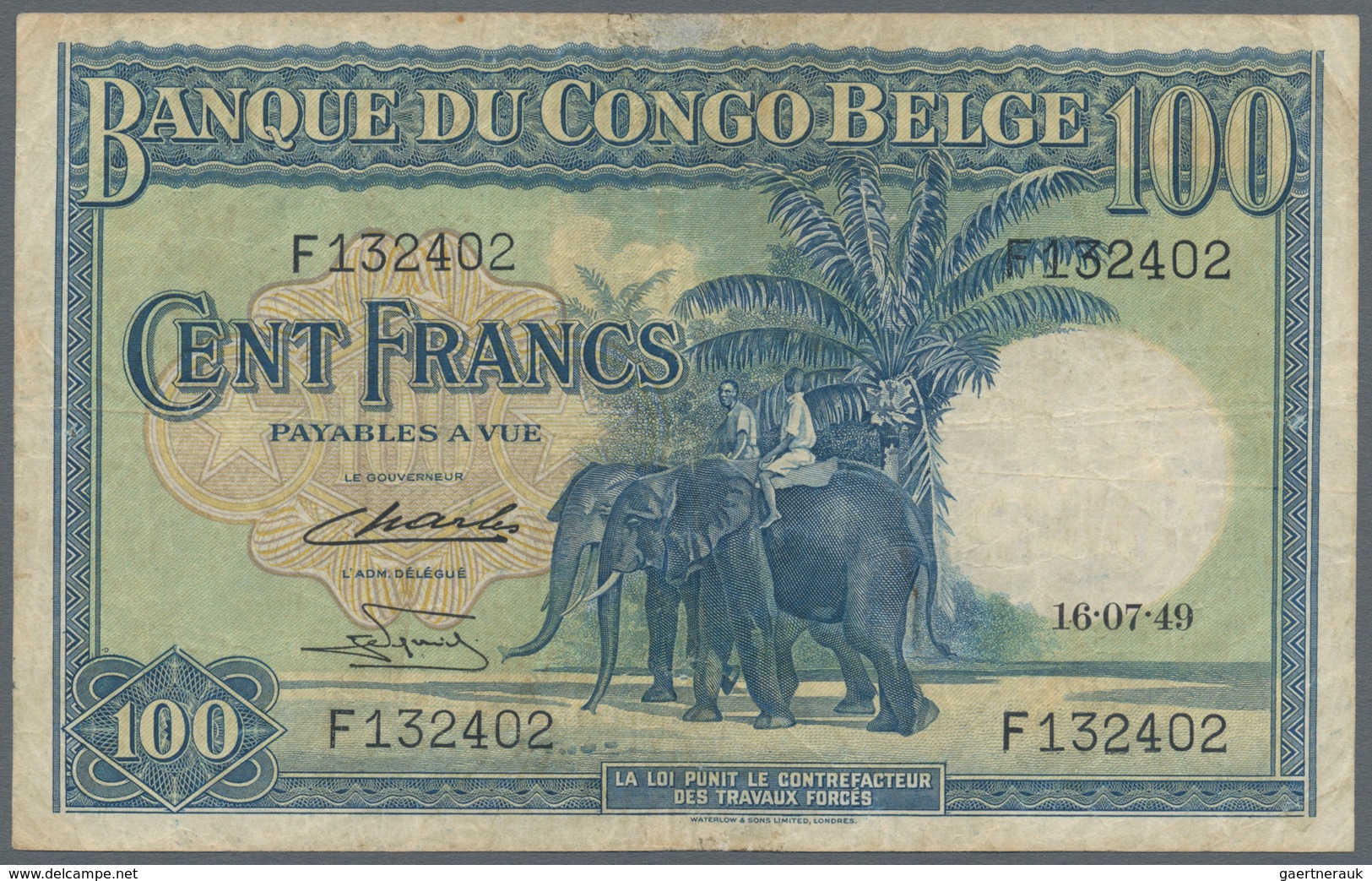 Belgian Congo / Belgisch Kongo: 100 Francs 1949 P. 17d In Used Condition With Several Folds And Crea - Zonder Classificatie