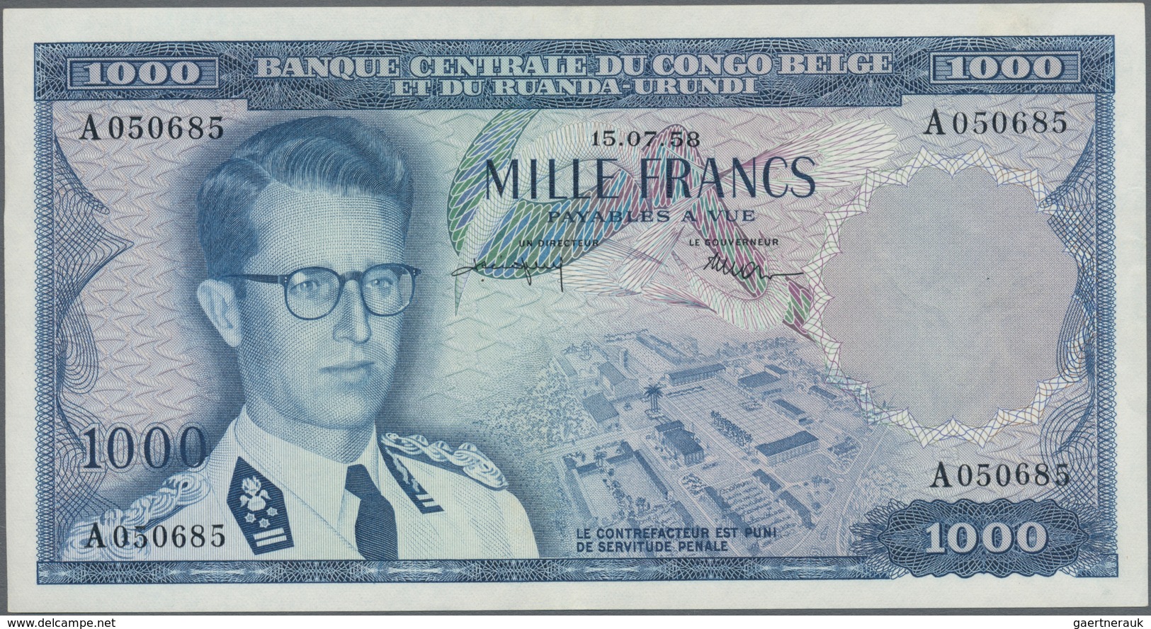 Belgian Congo / Belgisch Kongo: 1000 Francs 1958 P. 35, Light Center Folds And Very Light Handling I - Ohne Zuordnung